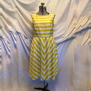 Boden yellow and white stripe sleeveless midi dress, size 8 Long.